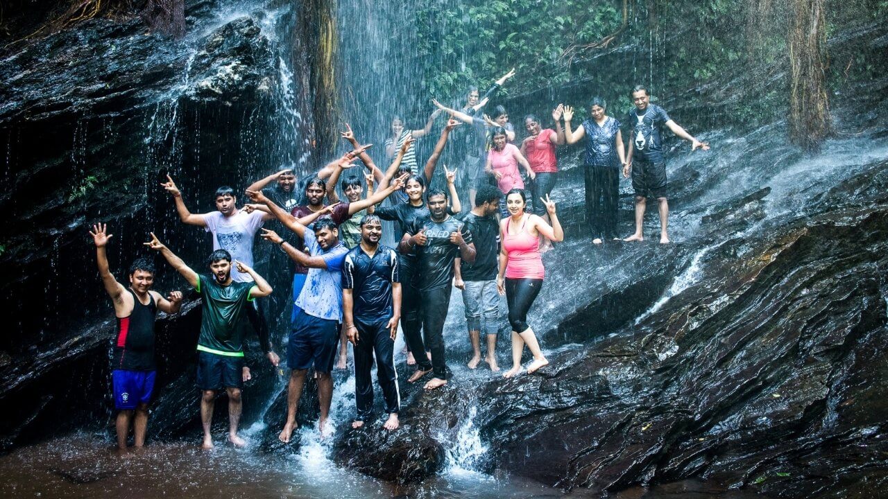 Our trekkers taking a dip under the cascading waters of Hidlumane falls in Kodachadri Long Weekend Adventure. The trail to Kodachadri has a hidden waterfalls where our trekkers find immense joy as they take a dip! Reasons Why You have Not trekked